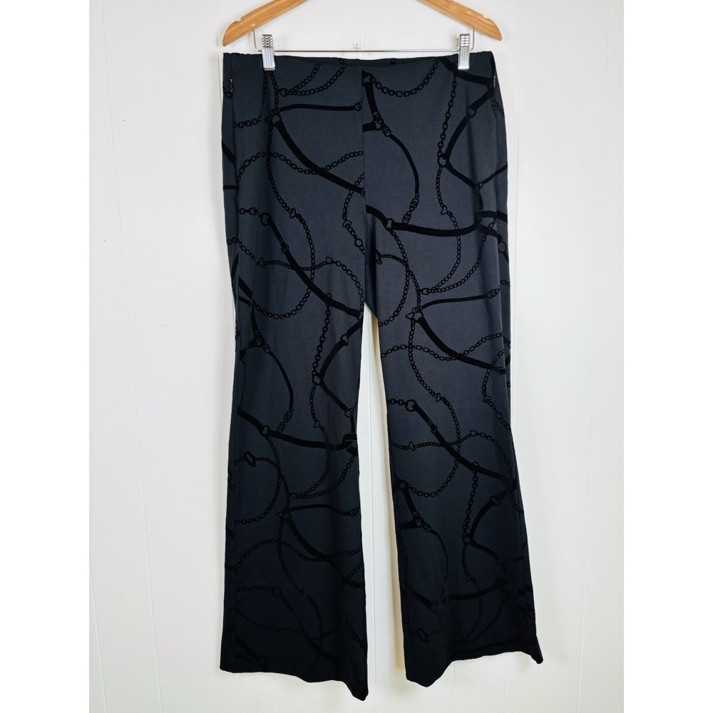 Chico's 12 Black w/ Velvet Chain Reins Wide Leg Pants Equestrian Design Stretch